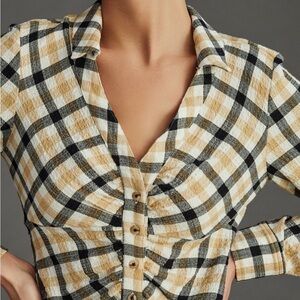Anthropologie Beige Black and Cream Plaid Button-Down Top